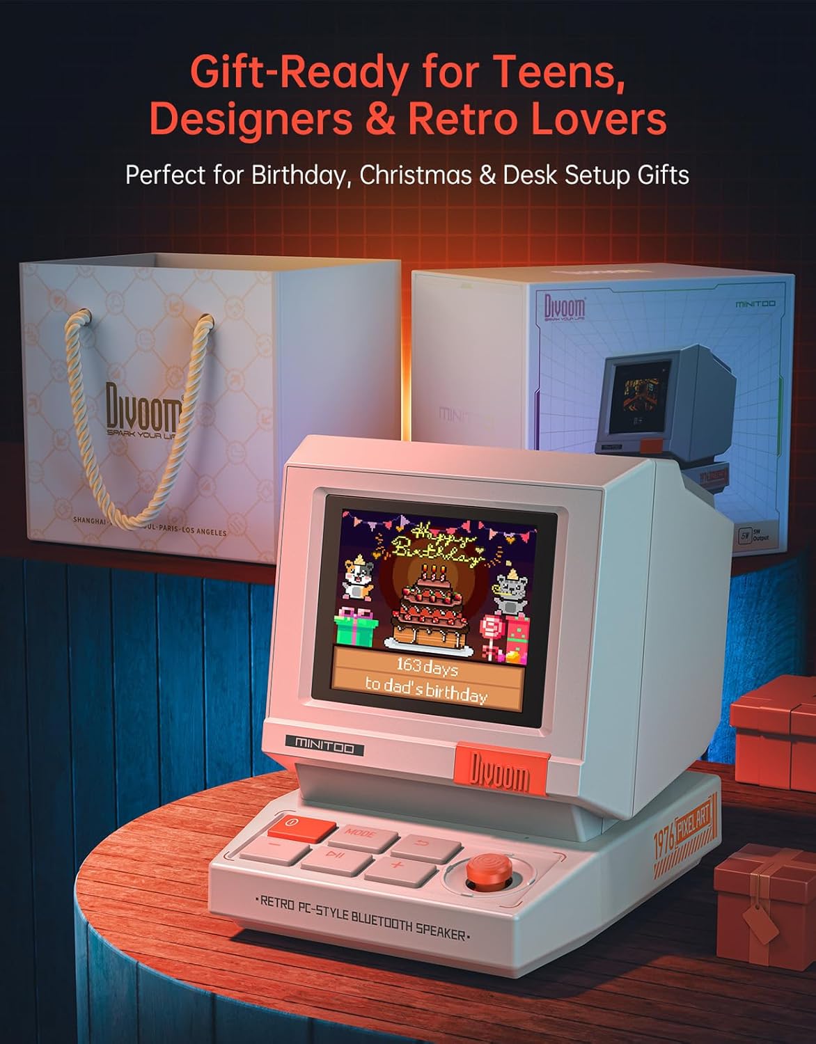 Minitoo Retro Pc-Style Computer Speaker, Smart Pixel Screen with DIY Faces, Bluetooth & USB Audio, Alarm/White Noise Clock, Desk Setup Gift for Bedroom, Office & Gaming