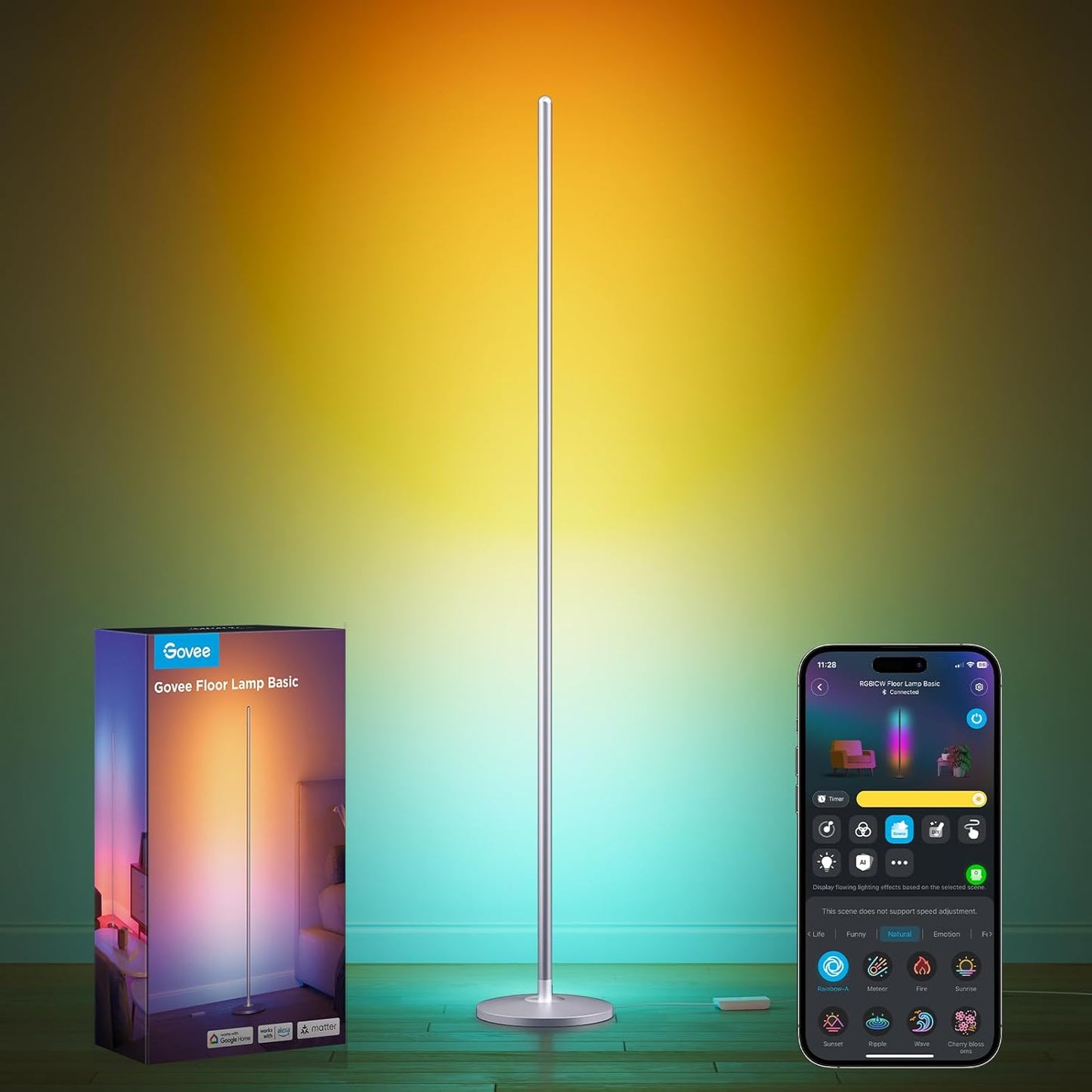 RGBIC Floor Lamp, LED Corner Lamp Works with Alexa, Smart Modern Floor Lamp with Music Sync and 16 Million DIY Colors, Color Changing Standing Lamp for Bedroom Living Room Silver