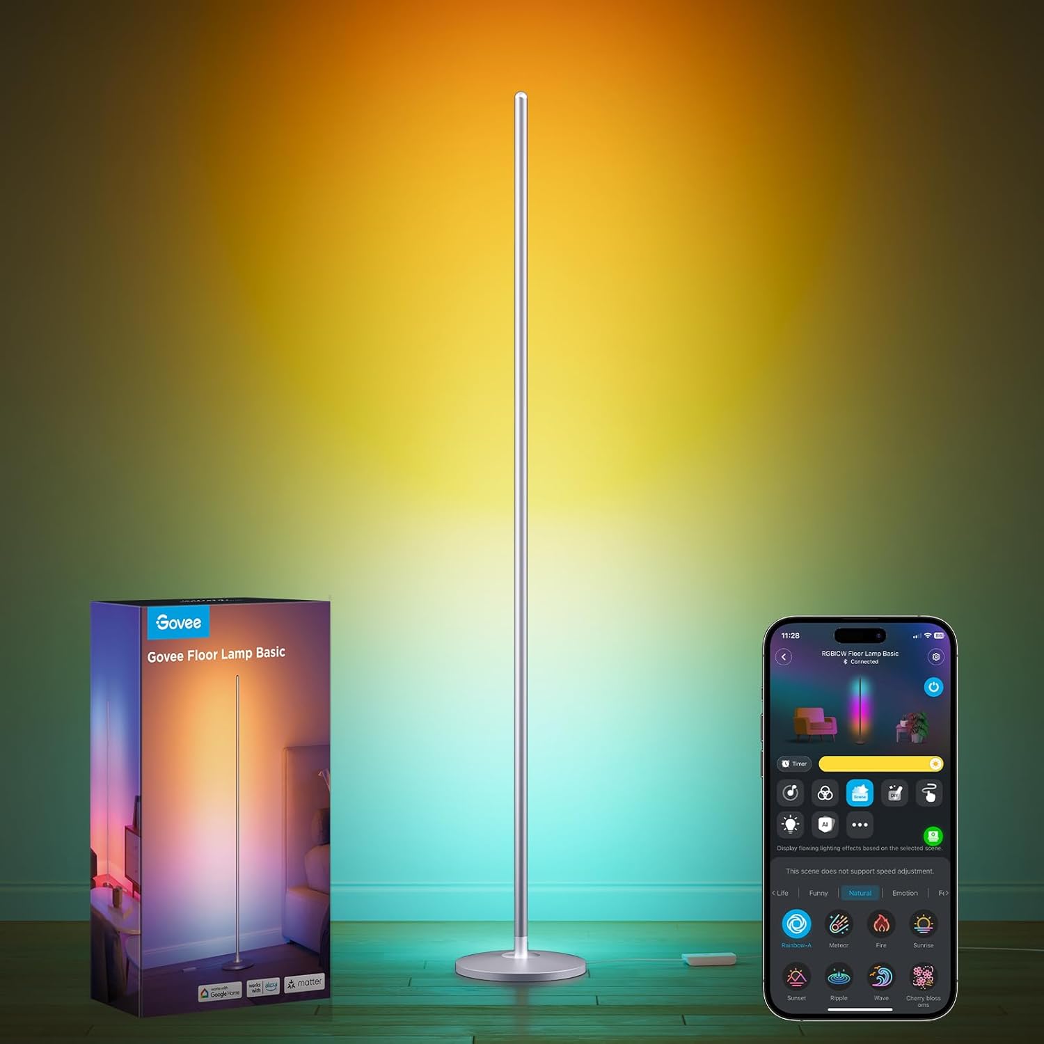 RGBIC Floor Lamp, LED Corner Lamp Works with Alexa, Smart Modern Floor Lamp with Music Sync and 16 Million DIY Colors, Color Changing Standing Lamp for Bedroom Living Room Silver