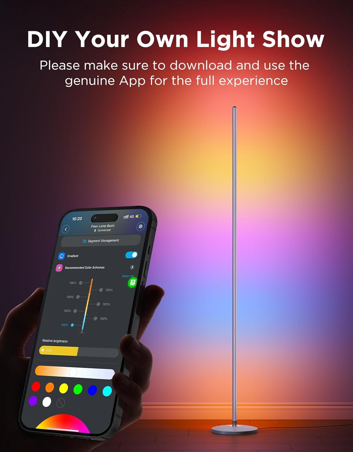RGBIC Floor Lamp, LED Corner Lamp Works with Alexa, Smart Modern Floor Lamp with Music Sync and 16 Million DIY Colors, Color Changing Standing Lamp for Bedroom Living Room Silver