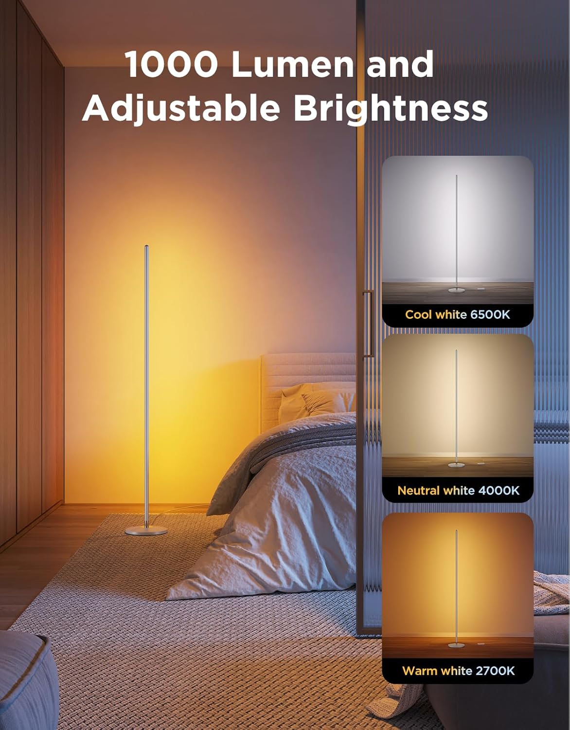 RGBIC Floor Lamp, LED Corner Lamp Works with Alexa, Smart Modern Floor Lamp with Music Sync and 16 Million DIY Colors, Color Changing Standing Lamp for Bedroom Living Room Silver