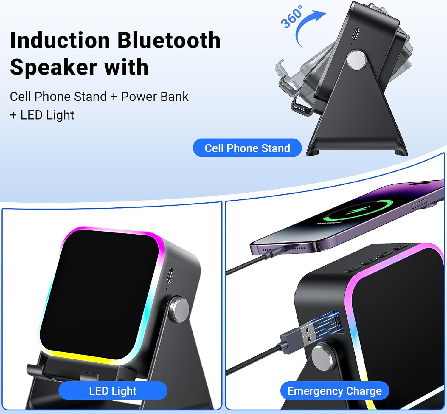 Induction Speaker with Phone Stand 5 in 1 Wireless Induction Bluetooth Audio for Iphone Android Phone Speakers Amplifier with Rechargeable Colorful Light, Birthday Gifts for Men Women Teens (Black)