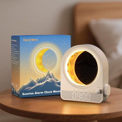 Sunrise Alarm Clock, White Noise Machine & Meteor Moonlight - 10 Soothing Sounds, Dual Alarms, 30/60/90Min Timer, Easy Snooze - Bedroom Gift for Insomnia Adults/Women - Wood Grain