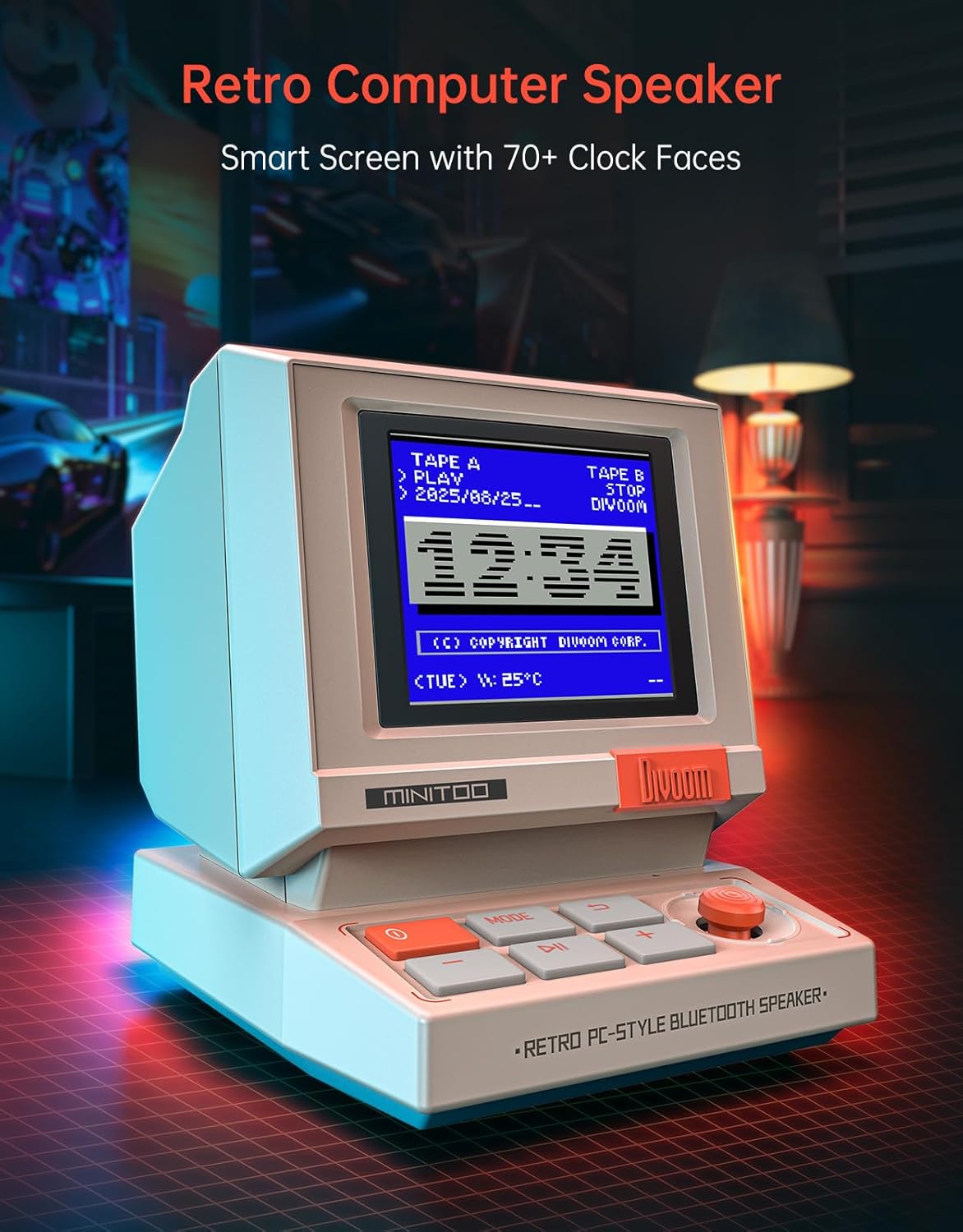 Minitoo Retro Pc-Style Computer Speaker, Smart Pixel Screen with DIY Faces, Bluetooth & USB Audio, Alarm/White Noise Clock, Desk Setup Gift for Bedroom, Office & Gaming