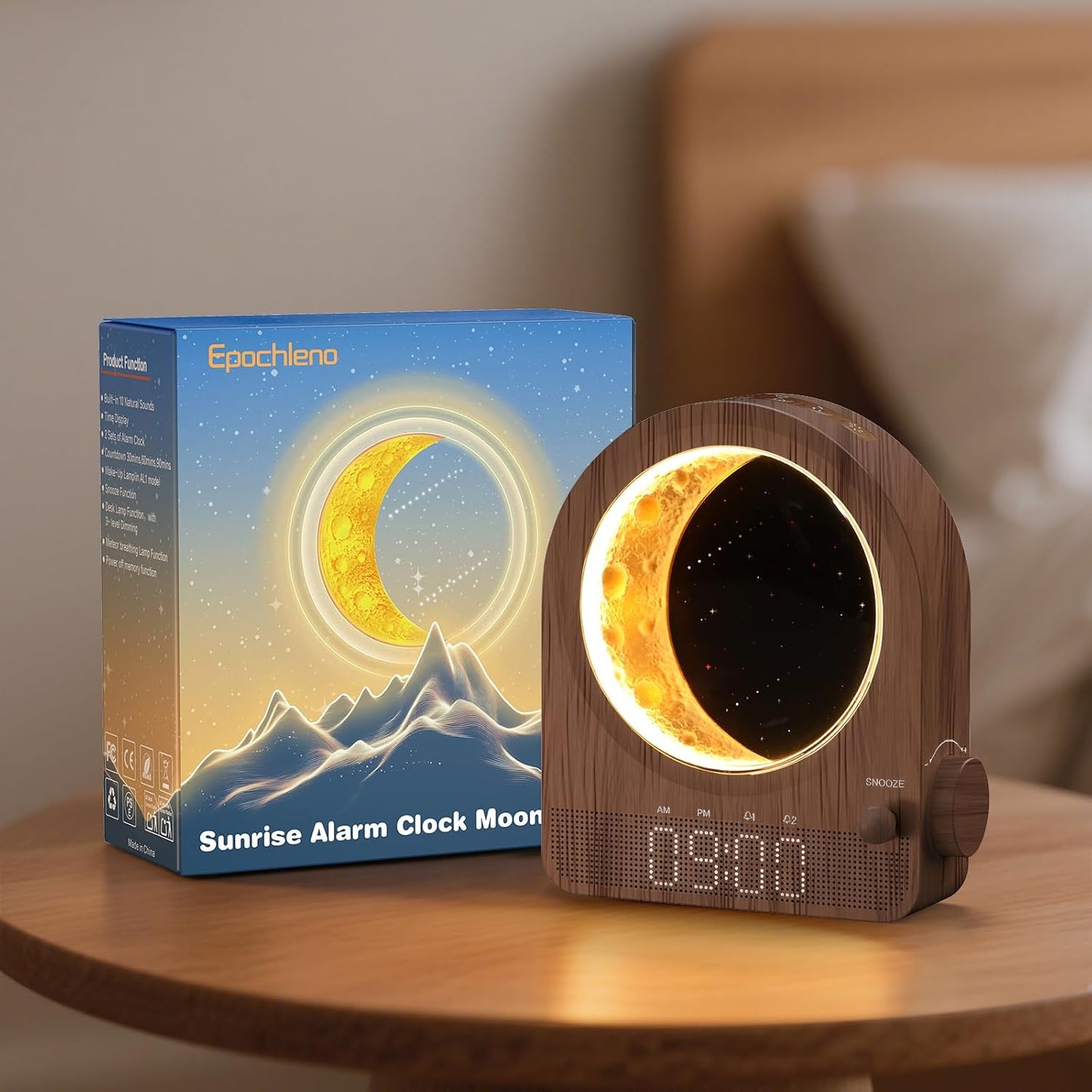 Sunrise Alarm Clock, White Noise Machine & Meteor Moonlight - 10 Soothing Sounds, Dual Alarms, 30/60/90Min Timer, Easy Snooze - Bedroom Gift for Insomnia Adults/Women - Wood Grain