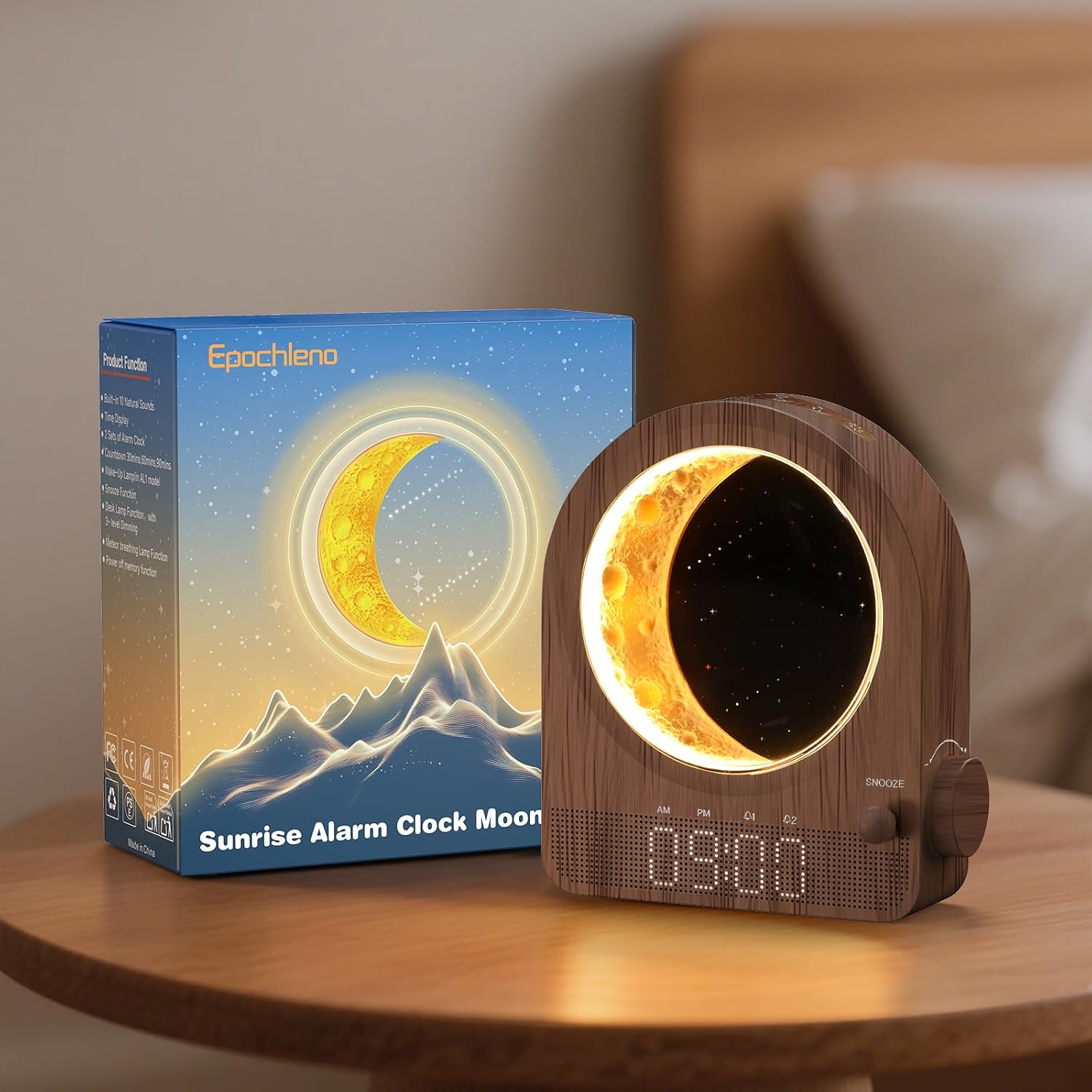 Sunrise Alarm Clock, White Noise Machine & Meteor Moonlight - 10 Soothing Sounds, Dual Alarms, 30/60/90Min Timer, Easy Snooze - Bedroom Gift for Insomnia Adults/Women - Wood Grain