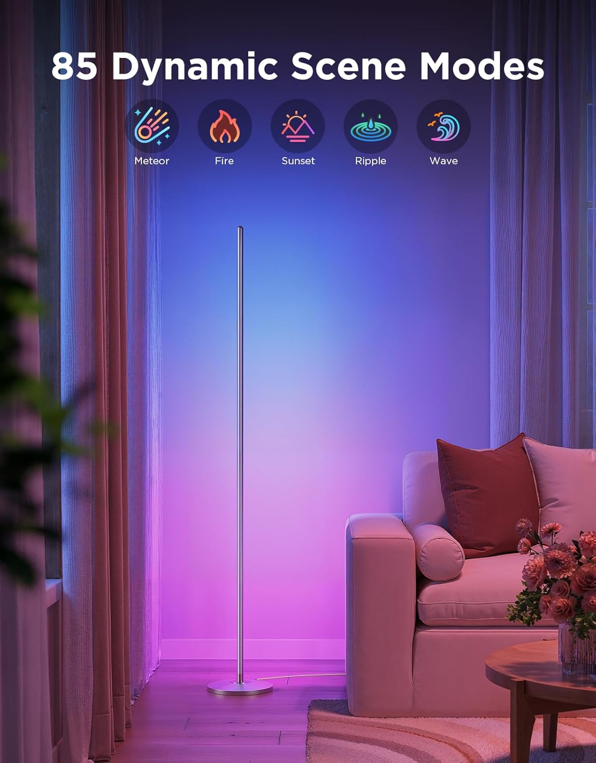 RGBIC Floor Lamp, LED Corner Lamp Works with Alexa, Smart Modern Floor Lamp with Music Sync and 16 Million DIY Colors, Color Changing Standing Lamp for Bedroom Living Room Silver