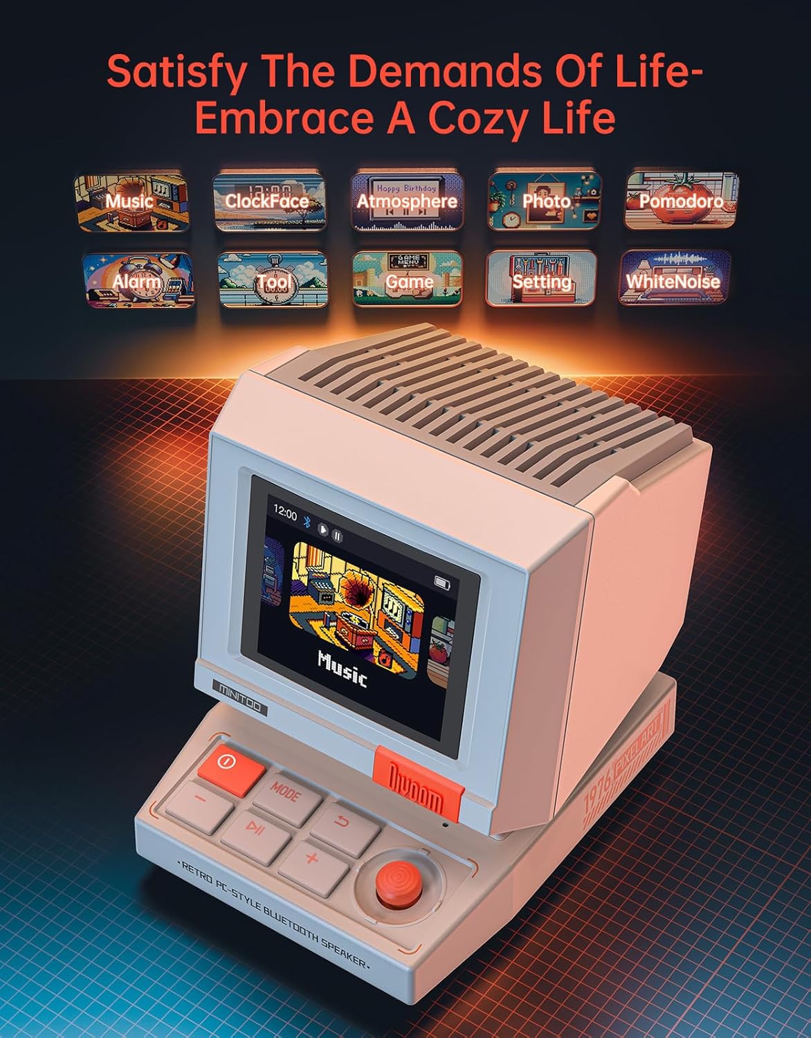 Minitoo Retro Pc-Style Computer Speaker, Smart Pixel Screen with DIY Faces, Bluetooth & USB Audio, Alarm/White Noise Clock, Desk Setup Gift for Bedroom, Office & Gaming